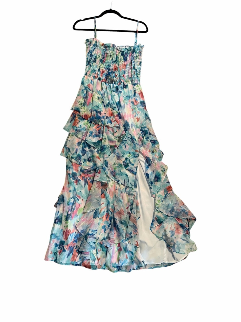Smocked Ruffle Tiered Midi Dress in Blue Multi